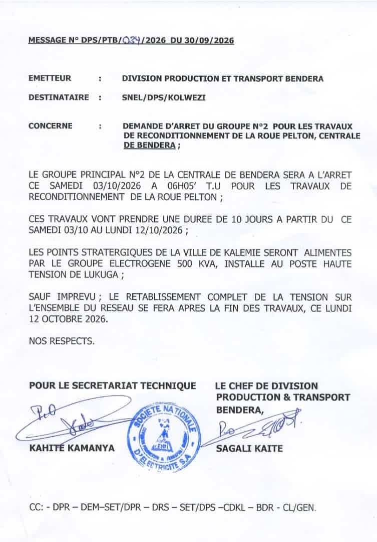 Kalemie : dix jours de perturbations électriques en perspective à cause des travaux à la centrale de Bendera